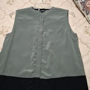 Vince Colorblock Sleeveless 100% Silk Button Down Tunic Olive Green Top Size Sm.
